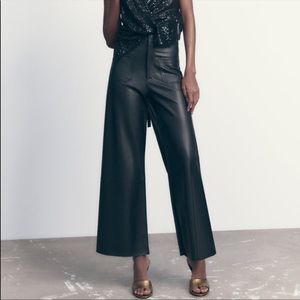 Zara Black Leather Marine Straight High Waisted Wide Leg Pants